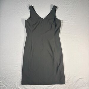 Jones New York Platinum Black Dress Size 12 Deep V Neck Sleeveless Midi Zip Back